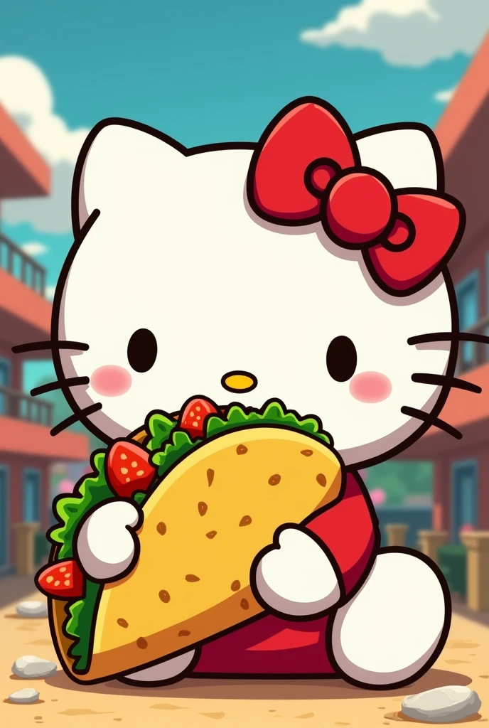 Hello kitty eating a taco anime style