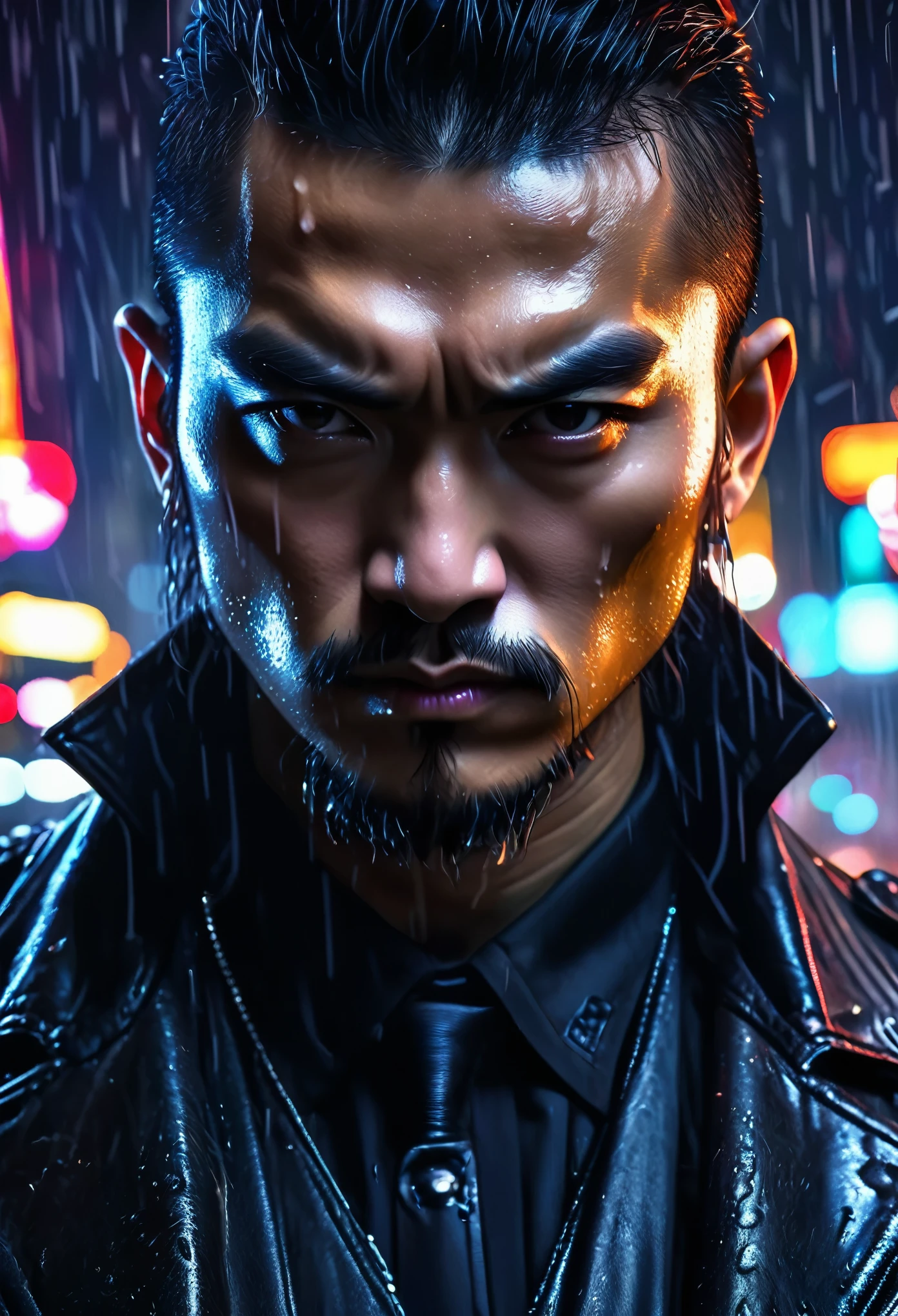 a tough asian man in a black leather jacket, black gangster felt hat, black business suit, part of a dragon tattoo visible on his neck, mean expression, rainy bangkok night, (best quality,4k,8k,highres,masterpiece:1.2),ultra-detailed,(realistic,photorealistic,photo-realistic:1.37),chiaroscuro lighting,dramatic cinematic lighting,hyper realistic,highly detailed face,extremely detailed eyes and face,longeyelashes,sharp focus,vivid colors,dark moody atmosphere,neon lights,rain effects,gritty urban environment,cyberpunk,neo-noir,concept art,digital painting
