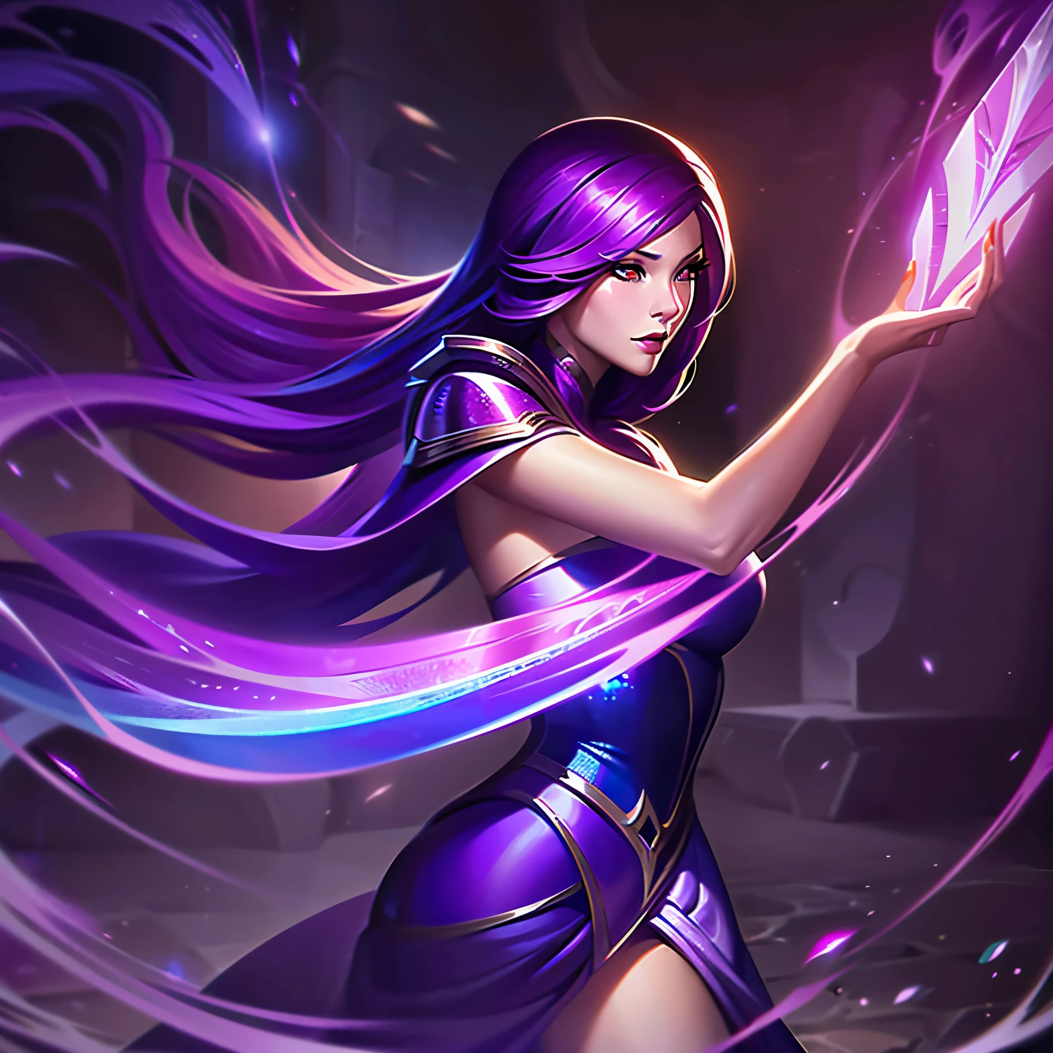 a close up of a woman in a purple dress and a sword, official splash art, irelia, splash art, ahri, league of legends splash art, league of legends character art, portrait of ahri, Samira do League of Legends, splash art de League of Legends, iconic character splash art, league of legends character, inspired by Ju Lian