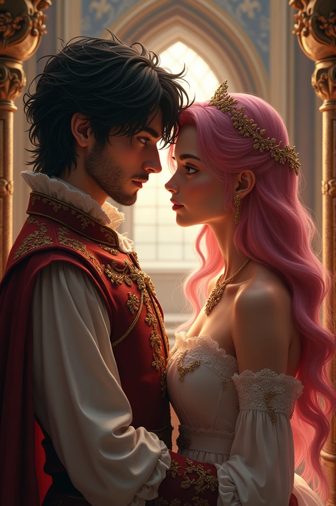 Cadre : un cachot sombre avec des barreaux a une fenetre.

Fille: Elle a les cheveux long rouges et ondulés avec une couronne de fleurs elle est a genoux sur un matelas au sol effrayé avec une chaine qui est autour de sa cheville  et les yeux bandees avec un bandeau en soie rouge pour pas qu elle  s enfuie elle a une robe blanche 

Homme : il a les cheveux noir et long il caresse les cheveux de la jeune  femme d un air rassurant  mais ferme.il avait du desir pour elle il est Italien . Il etait habillée comme un seigneur du Moyen Age et dans sa ceinture il a une épée 