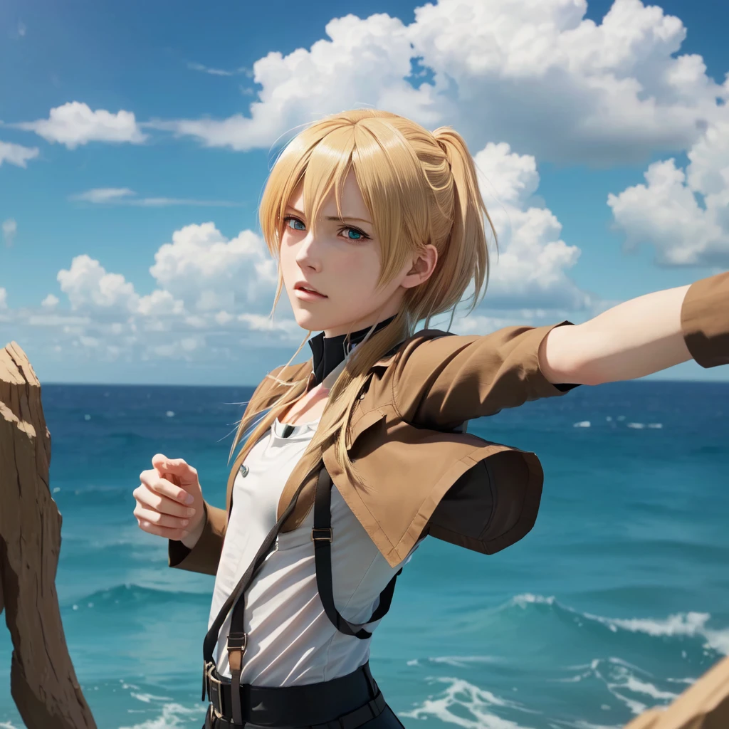 Costumed anime characters standing in front of the sea, Anime CG style, Attack on Titanより, looking like Annie Leonhart, Attack on Titan, Annie Leonhart, Anime CG, (Attack on Titanアニメ), Photorealistic anime girl rendering, Female protagonist 👀 :8, Spectacular 8K HD anime shots, Inspired by Armin Baumgarten, Sunku