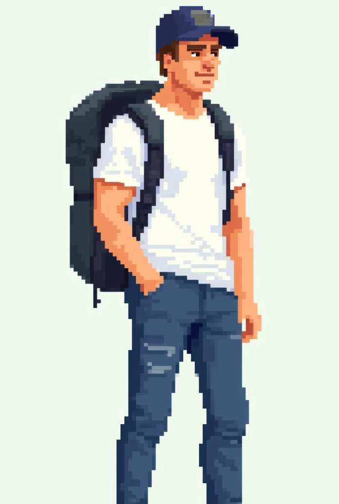 pixel,pixel art,20Early 20s,male,Slim and muscular,whiteTshirt,Blue jeans,cap,Ruck sack