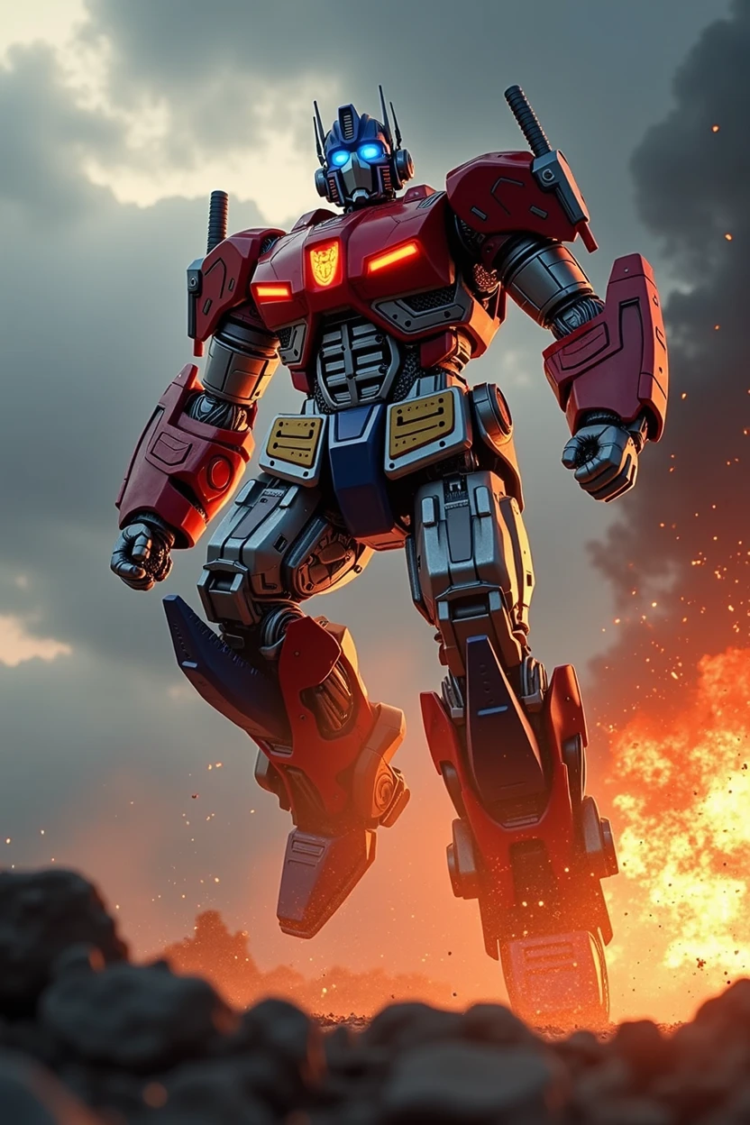 Dr doom . Doomdays. Batman iron man. Superman. Ultraman Red white armor. Mediva concept. Samurai Optimus Prime, robot warrior, leaping against dark cloudy sky, intense battle background, dynamic explosion effects, cinematic lighting, highly detailed, 8K, (best quality,4k,8k,highres,masterpiece:1.2),ultra-detailed,(realistic,photorealistic,photo-realistic:1.37),epic action scene,dramatic pose,intricate mechanical design,glowing energy,sparks,dust,devastation,cinematic angle,dramatic lighting