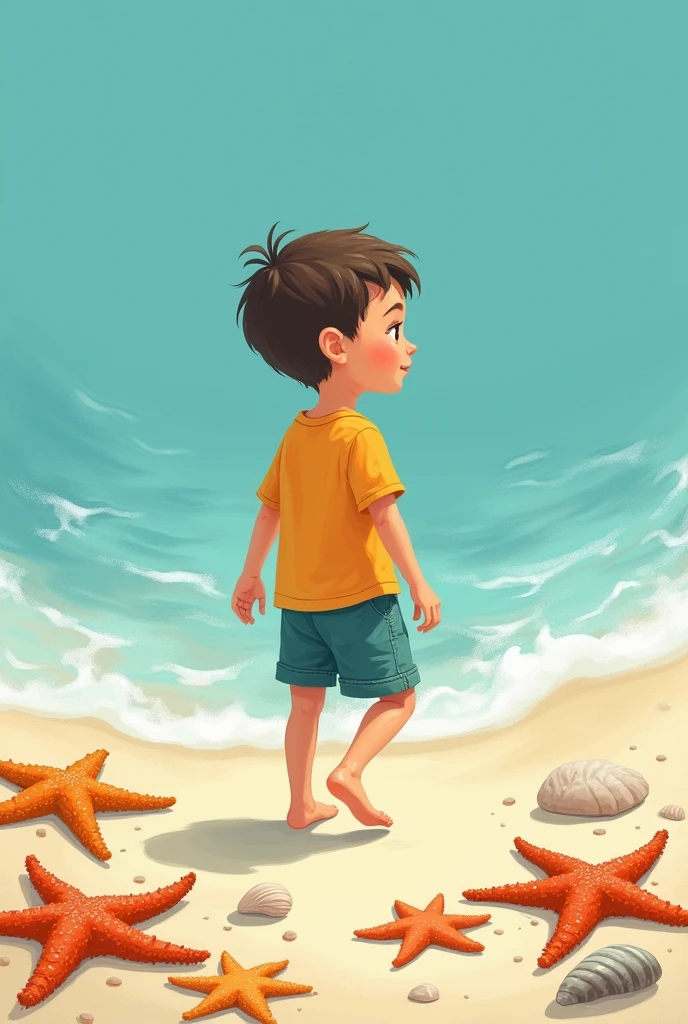 
Image: Illustration of a boy walking on the seabed, surrounded by starfish and shells.








