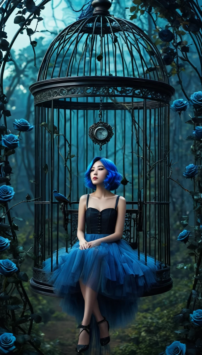 Image of forests of clocks interspersed with forests of thorns, dark, gloomy, mysterious but full of magic, shimmeringly beautiful, in the distance there is a giant birdcage surrounded by climbing black roses, a blue hair beautiful girl sitting on a swing in inside the bird cage, cinematic color, 16K, UHD, K-Pop Style