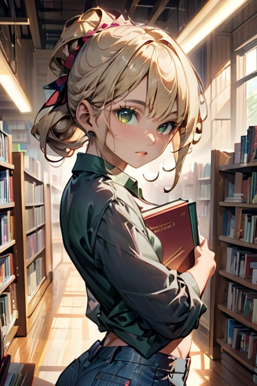 college woman; Athletic and toned physique; naturally attractive with delicate features; long, wavy blonde hair often tied back; striking green eyes; fair skin with a light tan; best quality; soft blur background; trending on artstation; complex volumetric lighting; strong shadows; artistic lighting; dynamic; energetic vibe; realistic skin; specular highlights; micro-textures; highly detailed hair; wearing smart casual clothing at the library while carrying books.