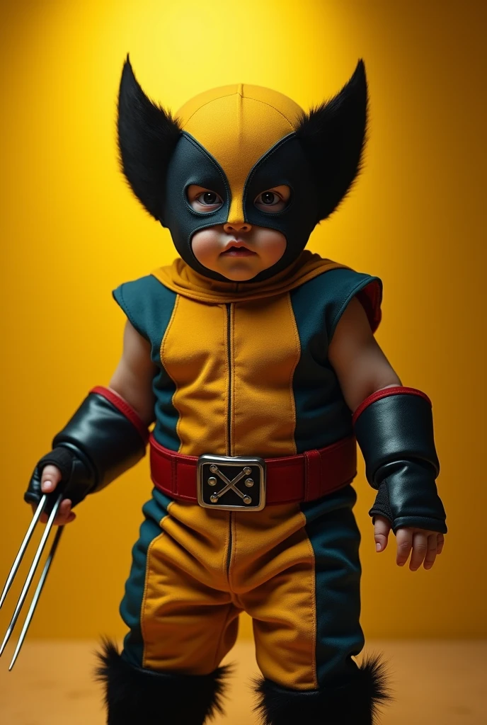 high resolution、Superior image quality、Top-notch image quality、Maximum quality、in 8K、real live action、realisitic、Raw photo、Masterpiece artwork、tabletop、professional lighting、realisitic background、((2 years))、standing、、cute (fantasia de fantasia de wolverine da marvel))、、, face and head with mask、mascara 、((closing the eye)), ((work of art), (best qualityer), (CRU photo), (fotorrealisitic:1.4), Foto altamente realisitic, Portrait of a baby, 1 year old, mascara wolverine, glare eyes, wearing a marvel wolverine costume, detailed clothing, The light from above shines down, (Yellowish ambient background), photo taken in 1975 by Fujifilm XT3
