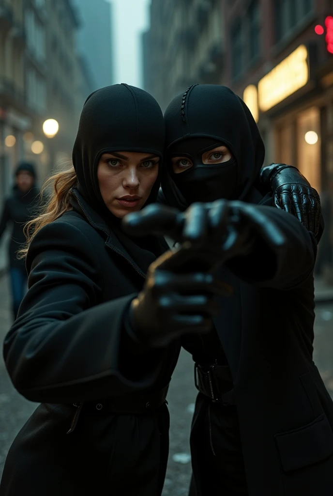 scarlett johansson and natalie portman wearing a balaclava and wearing lons leather gloves and robbing an old lady on the street 
