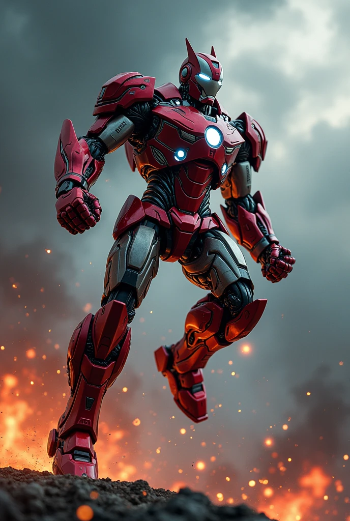 VenomBatman iron man. Superman. Ultraman Red white armor. Mediva concept. Samurai Optimus Prime, robot warrior, leaping against dark cloudy sky, intense battle background, dynamic explosion effects, cinematic lighting, highly detailed, 8K, (best quality,4k,8k,highres,masterpiece:1.2),ultra-detailed,(realistic,photorealistic,photo-realistic:1.37),epic action scene,dramatic pose,intricate mechanical design,glowing energy,sparks,dust,devastation,cinematic angle,dramatic lighting
