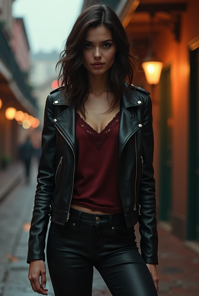 Werewolf Girl inspired by the Originals and The Vampire Diaries TV Series character Hayley Marshall (Phoebe Tonkin). Beautiful brunette woman. wearing leather jacket and dark pants, Midjourney AI Generated Art, French Quarter background, New Orleans , AI Artificial Intelligence Artworks, Character Inspiration.