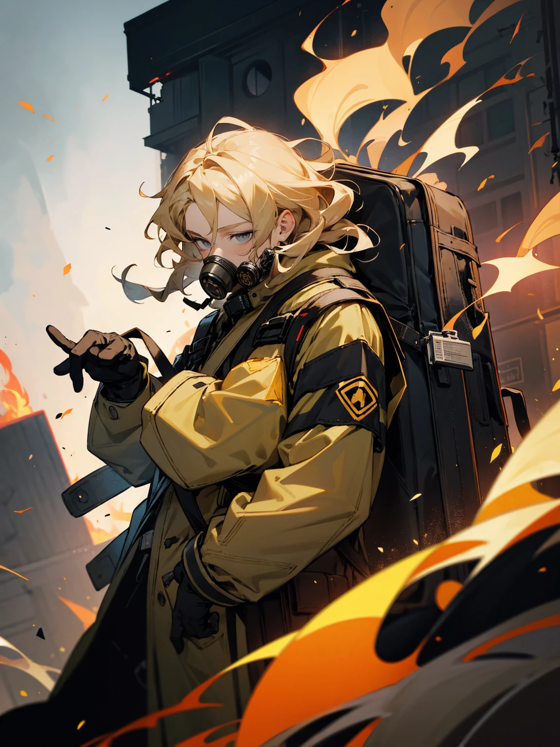 1male, gas mask, blonde hair wavy hair, adult, grey eyes, backpack, burning building, gloves