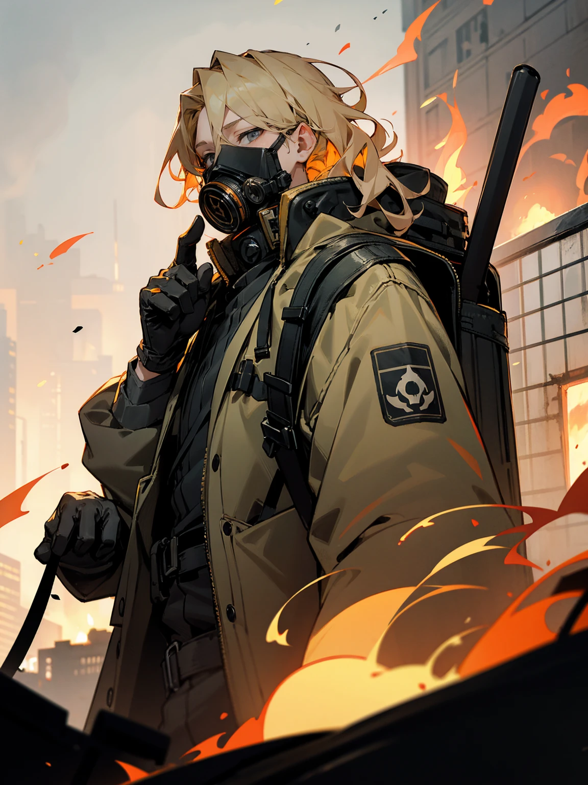 1male, gas mask, blonde hair wavy hair, adult, grey eyes, backpack, burning building, gloves