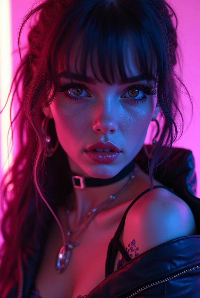 mixed man, ambiguous gender, feminine looking man, young, naked, very curly hair, septum piercing, dimples, dominant expression, black latex bodysuit, neon lights, close-up, UHD, retina, masterpiece, accurate, anatomically correct, textured skin, super detail, high details, high quality, award winning, best quality, highres