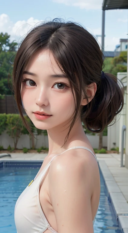 highest quality, RAW Photos, Realistic, face, Incredibly beautiful girl, cute,ponytail,Written boundary depth, High resolution, Super detailed, detailed, Very detaileded, extremely detaileded eye and face, Sharp pupils, Realistic students, Sharp focus, Cinema Lighting, Japanese,Short women,Physical build,Long, narrow eyes, Fleeting atmosphere,((thin lips)), White top and bottom underwear, Masterpiece, highest quality, Detailed skin, Detailed face, Fine grain, 32K, Excellent anatomy, Upper body portrait,flat breasts, small breasts, small,( small bust: 1.2), small bust, (slim, small, flat, small), thin, Delicate and sexy collarbone, One Girl, (Beautiful girl, Delicate girl:1.3), (14 years old:1.3),(One piece swimsuit, Swimsuit:1.2),(Pool:1.3),(Symmetrical eyes:1.3),Small Chest, Brown eyes, Parted bangs, Brown Hair, (Upper teeth, The best smile:0.2),(Eyes and face detail:1.0),(masterpiece, highest quality, Super detailed, Detailed face, 32K)