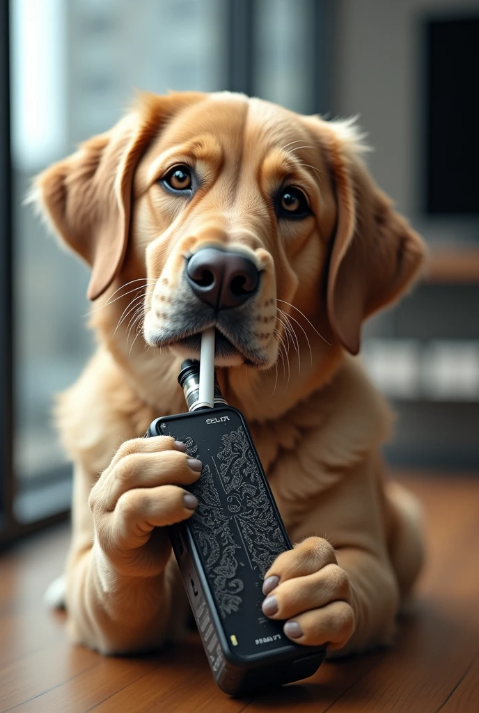 Give me a drawing of a dog smoking vape