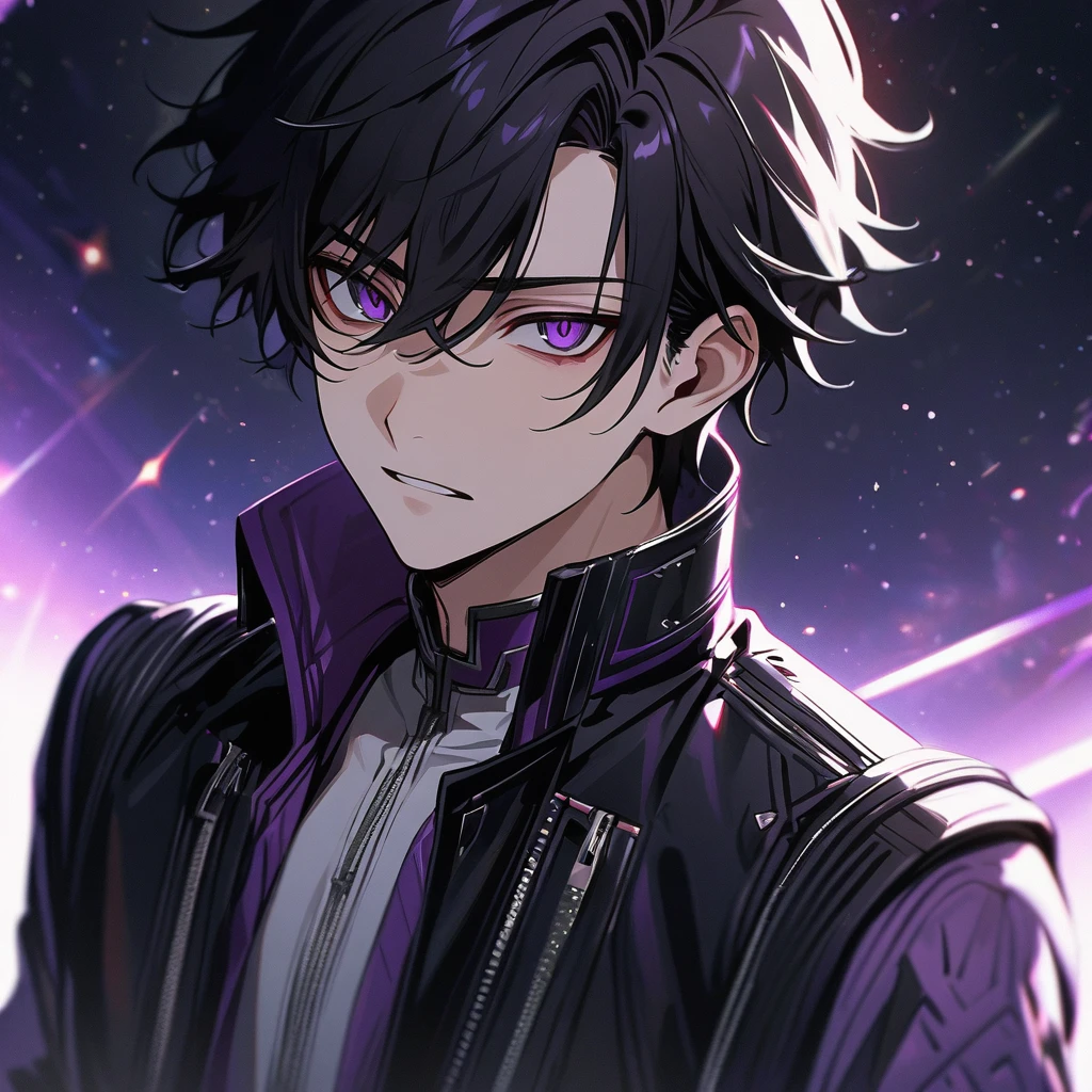 High quality, HD, 4k, no shadows, handsome male, handsome, 1male, 17 years old, teenager, jet black hair, short black hair, dark hair, black hair, jet black hair, sharp eyes, deep purple colored eyes, dark purple colored eyes, deep purple eyes, purple eyes, devil may cry, close up, calm expression, stoic expression, black leather clothes, white leather clothing, lean body, well trained body, upper body, looking at viewer, cowboy shot, white solar, space background