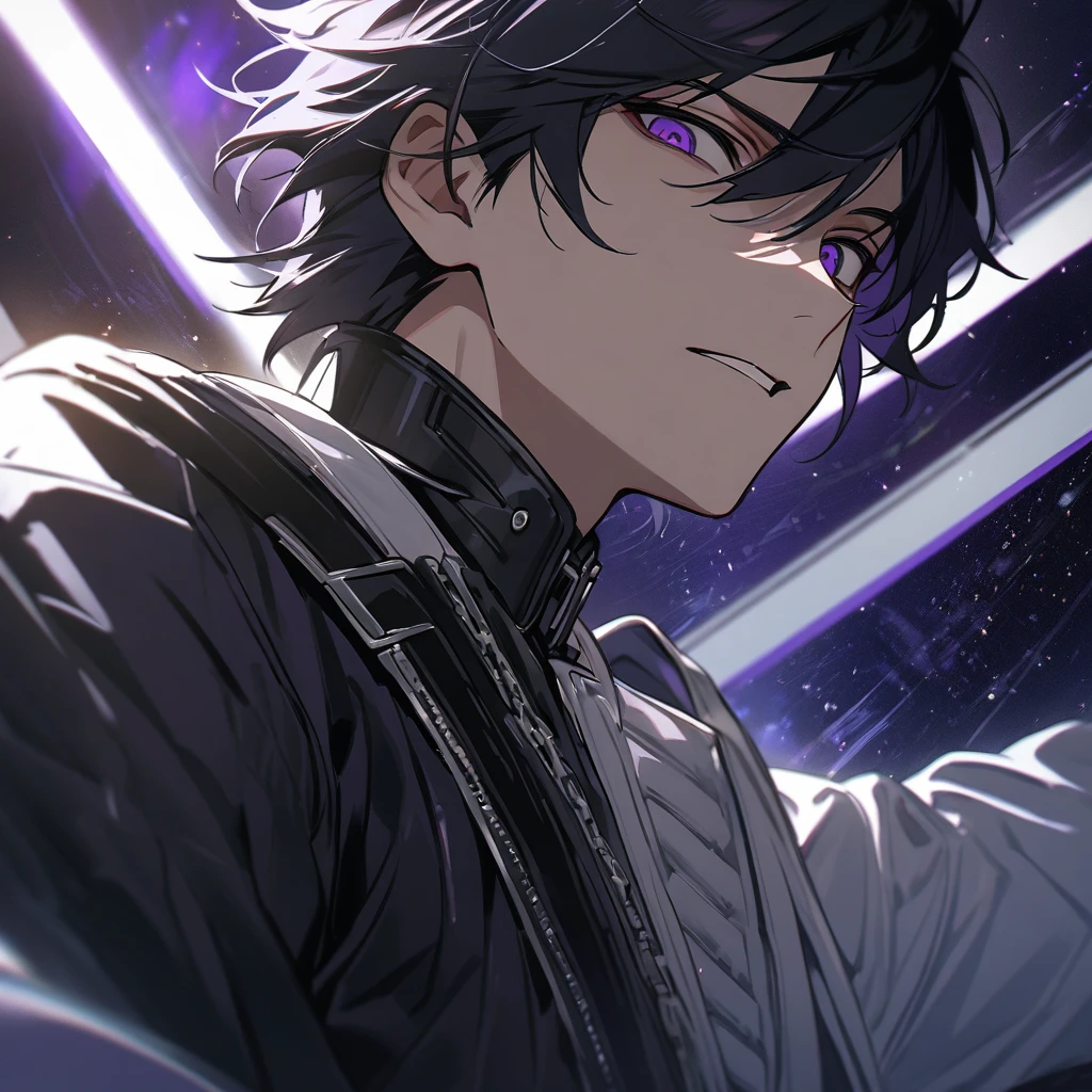 High quality, HD, 4k, no shadows, handsome male, handsome, 1male, 17 years old, teenager, jet black hair, short black hair, dark hair, black hair, jet black hair, sharp eyes, deep purple colored eyes, dark purple colored eyes, deep purple eyes, purple eyes, devil may cry, close up, calm expression, stoic expression, black leather clothes, white leather clothing, lean body, well trained body, upper body, looking at viewer, cowboy shot, white solar, space background