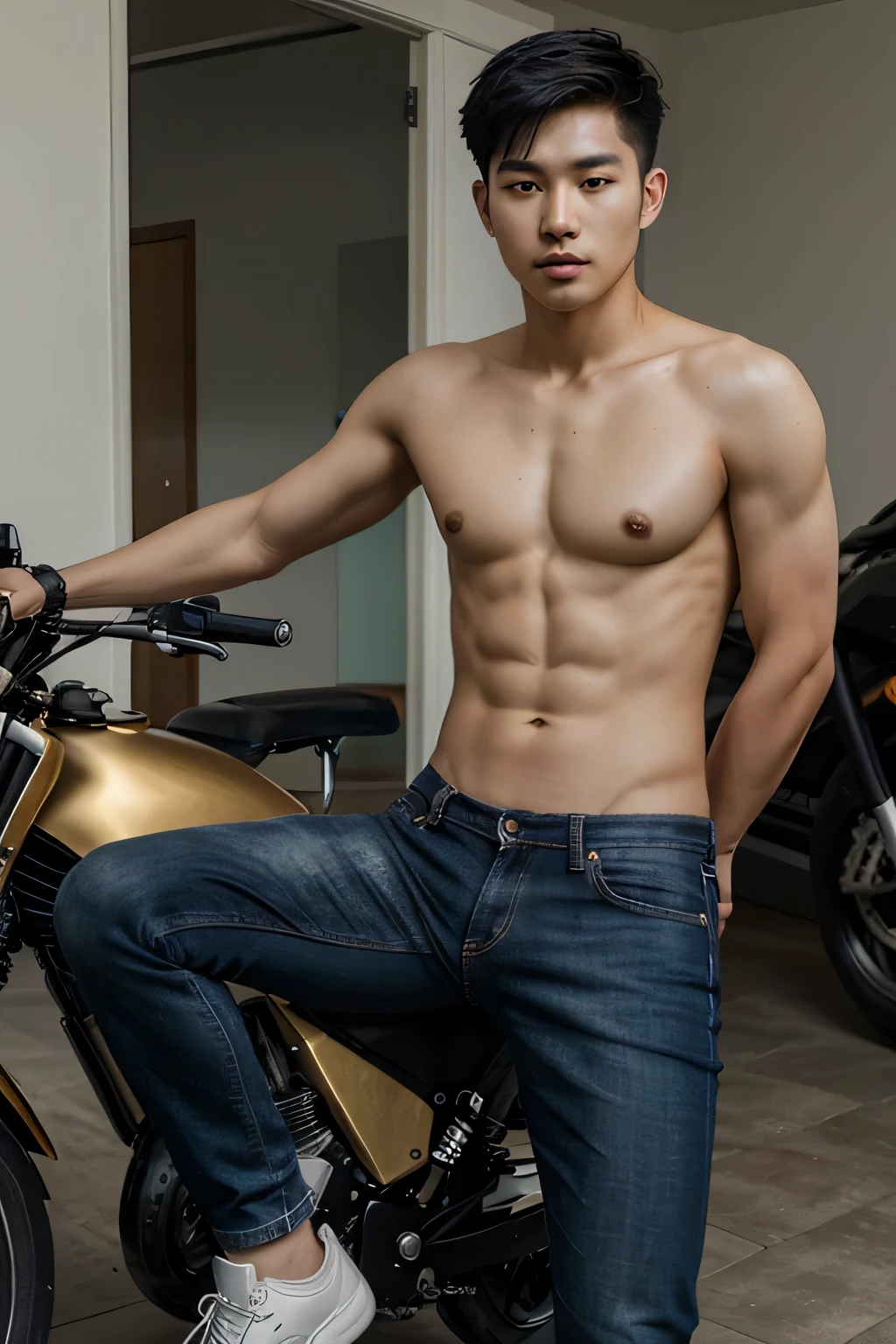 20 year old Korean man, handsome, muscular, golden ratio face, black undercut hair, wearing shirtless and jeans, sitting on an Ecosse ES1 Superbike.