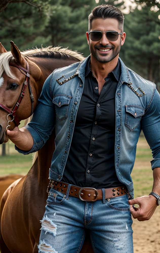 Handsome white arabe sexy man, muscular man with ripped jeans boots, large belt with studs, black denim shirt, horse riding, with glasses masterpiece, ultra realistic, great detail, 8k super muscular beefy strong muscular legs big bulge age 35 years old smiling plaid shirt in big bulge