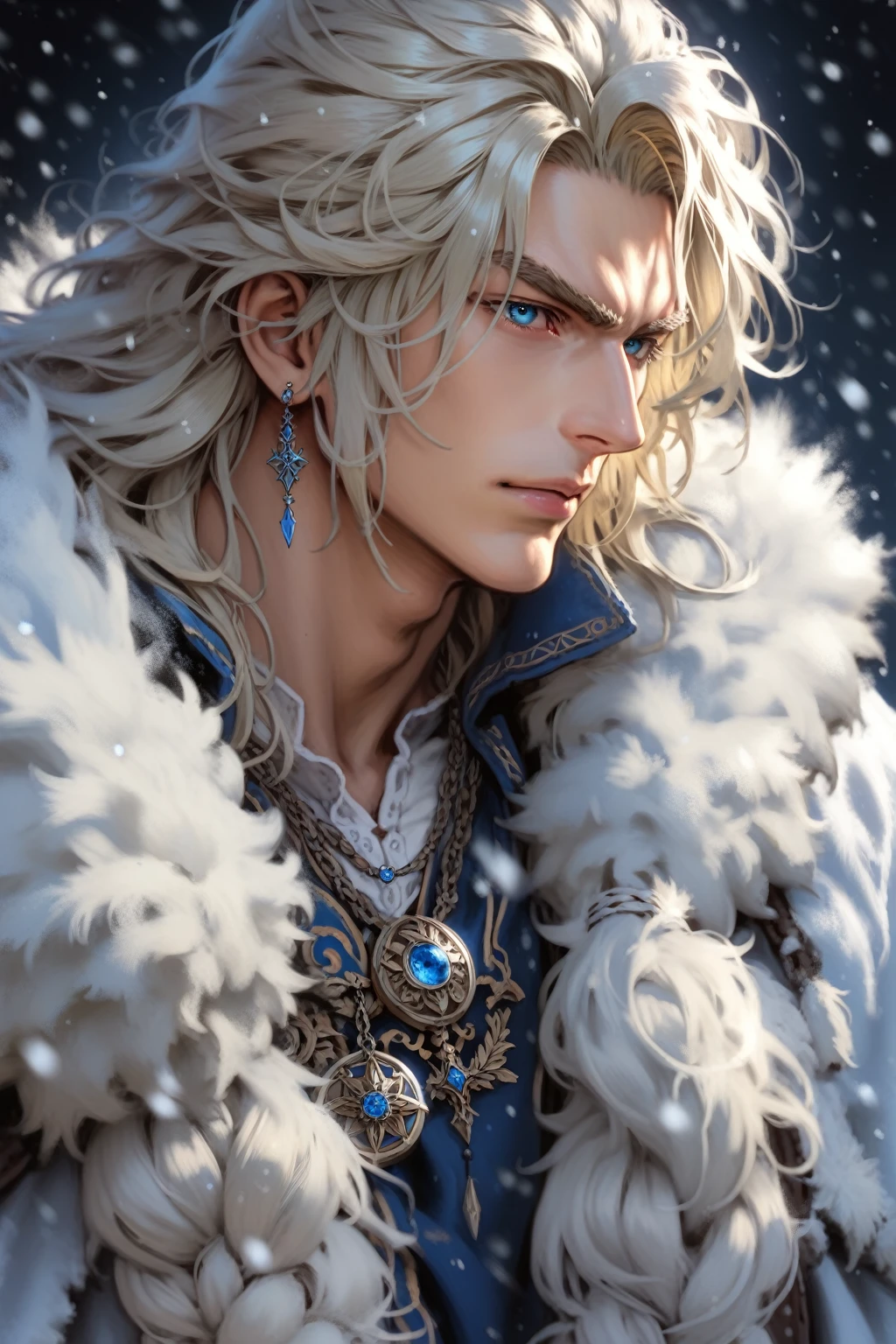 absurdities, High resolution, ultra detailed, HdR, masterpiece, realism, realist, 30 year old adult man, rasgos muy masculines, serious, Extremely detailed face and eyes, semi long straight hair, blond hair, bushy eyebrows, fringe, angry eyebrows, expressive blue eyes, rasgos masculines, detailed eyes, LOOKING AT THE SPECTATOR, 1 man, viking style clothing, masculine, blue clothes con abrigo de piel blanco, snowy background, White skin, viking necklace, blue clothes, white earrings, Wizard's Medallion, tidy hair, Complete plan, beefy chest, realism magico, masculine, men's clothing, vibrant colors, Fotorrealist, 8k, Best Quality, High resolution, cinematic lighting, intricate details, snow background.