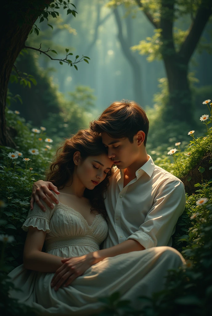 Original scenery of England、Soil for flowering in May、 Forest thickets、Sunlight、British woman leaning on chest of young man in England、Man and woman hugging each other、夏天、Love of nature、Human love、Very beautiful 20 year old British man、Very beautiful 20 year old British woman、