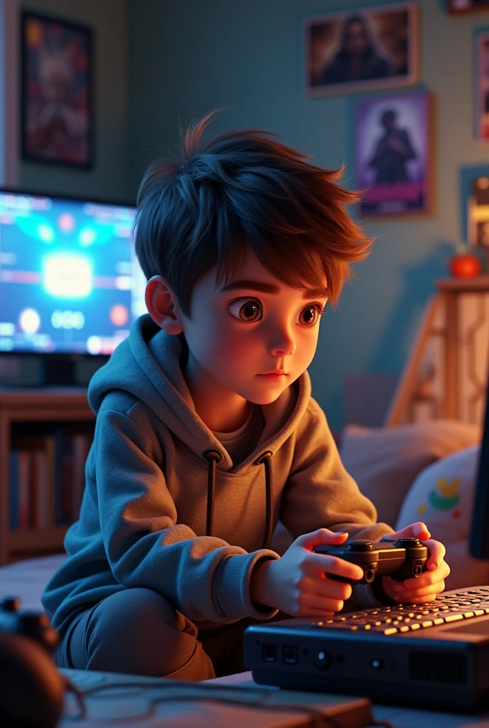Create me a boy playing video games with the initials cde