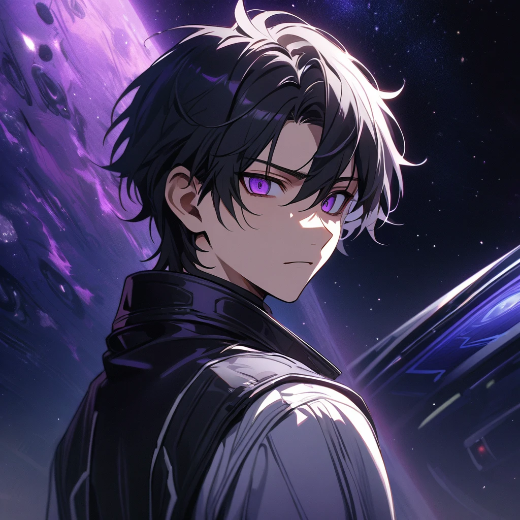 High quality, HD, 4k, no shadows, handsome male, handsome, 1male, 17 years old, teenager, jet black hair, short black hair, dark hair, black hair, jet black hair, sharp eyes, deep purple colored eyes, dark purple colored eyes, deep purple eyes, purple eyes, devil may cry, close up, calm expression, stoic expression, black leather clothes, white leather clothing, lean body, well trained body, upper body, looking at viewer, cowboy shot, white solar, space background