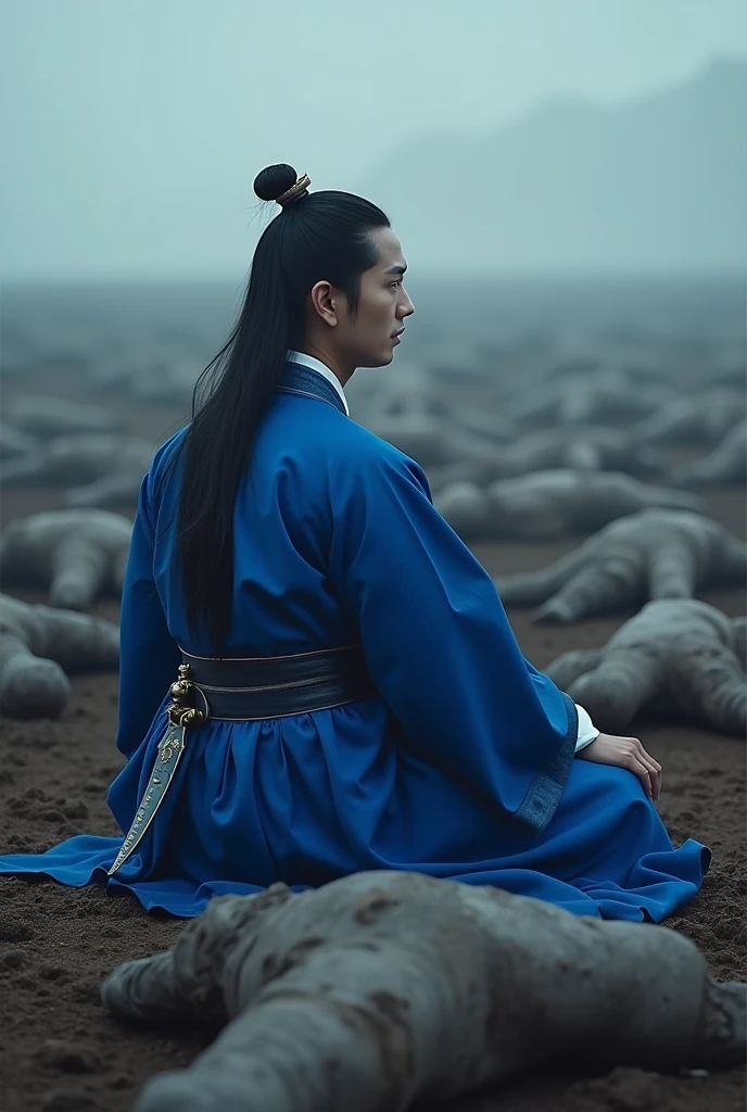 30 year old man, side facing .have long black hair, wearing traditional Korean clothing in the royal blue dDongker there is a sword in his hand while sitting in front of thousands of human corpses, looks like assassin aura.