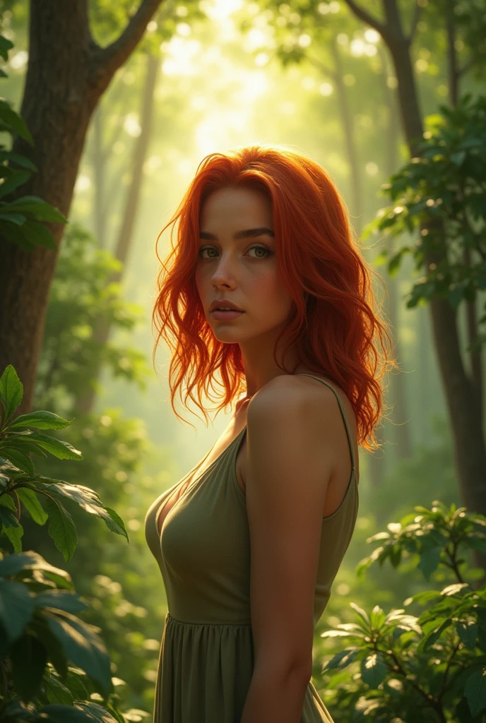 A Brazilian woman with short shoulder length red hair in a tree-lined location 