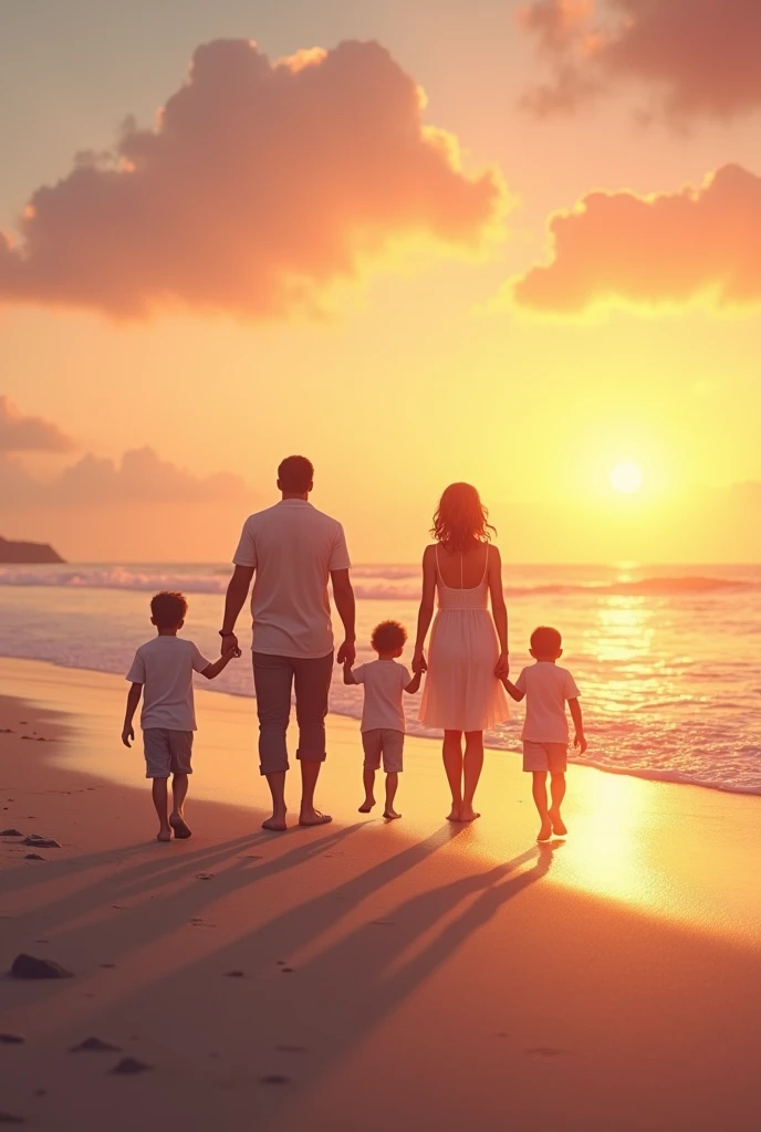 Man walking before the sun sets on the beach with his wife and 3 children 