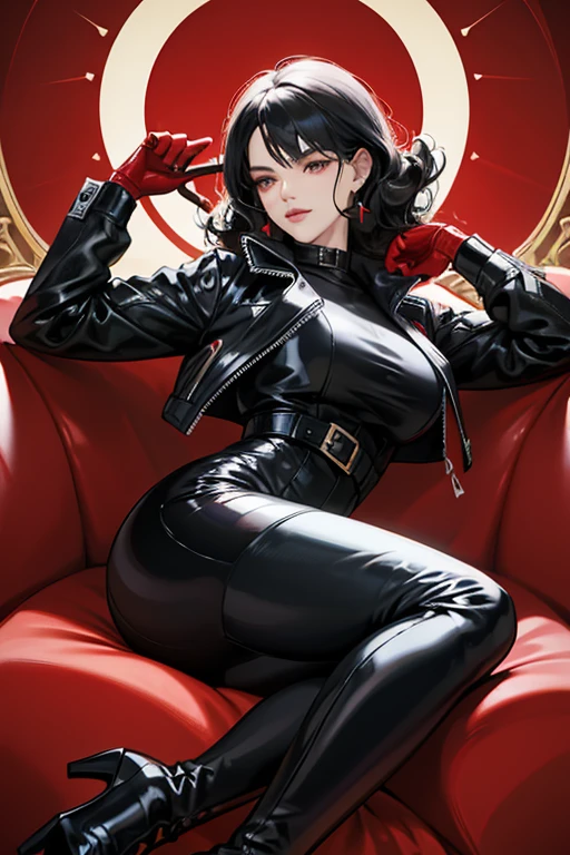A mature woman with natural curls and black hair wearing a black leather jacket, black patent leather leggings, red patent leather gloves, red patent leather boots, and a mask covering her eyes. whip