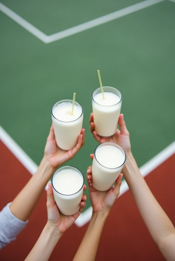 Tennis court background,Several people hold square boxes of milk and raise their glasses together,Photography