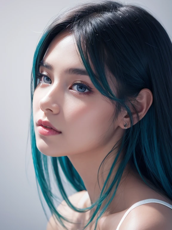 a beautiful young woman, 1girl, detailed face and eyes, long eyelashes, messy blue hair, holding fresh blueberries, serene expression, white background, soft lighting, photorealistic, (best quality, 8k, highres, masterpiece:1.2), (realistic:1.37), intricate details, vibrant colors, cinematic lighting