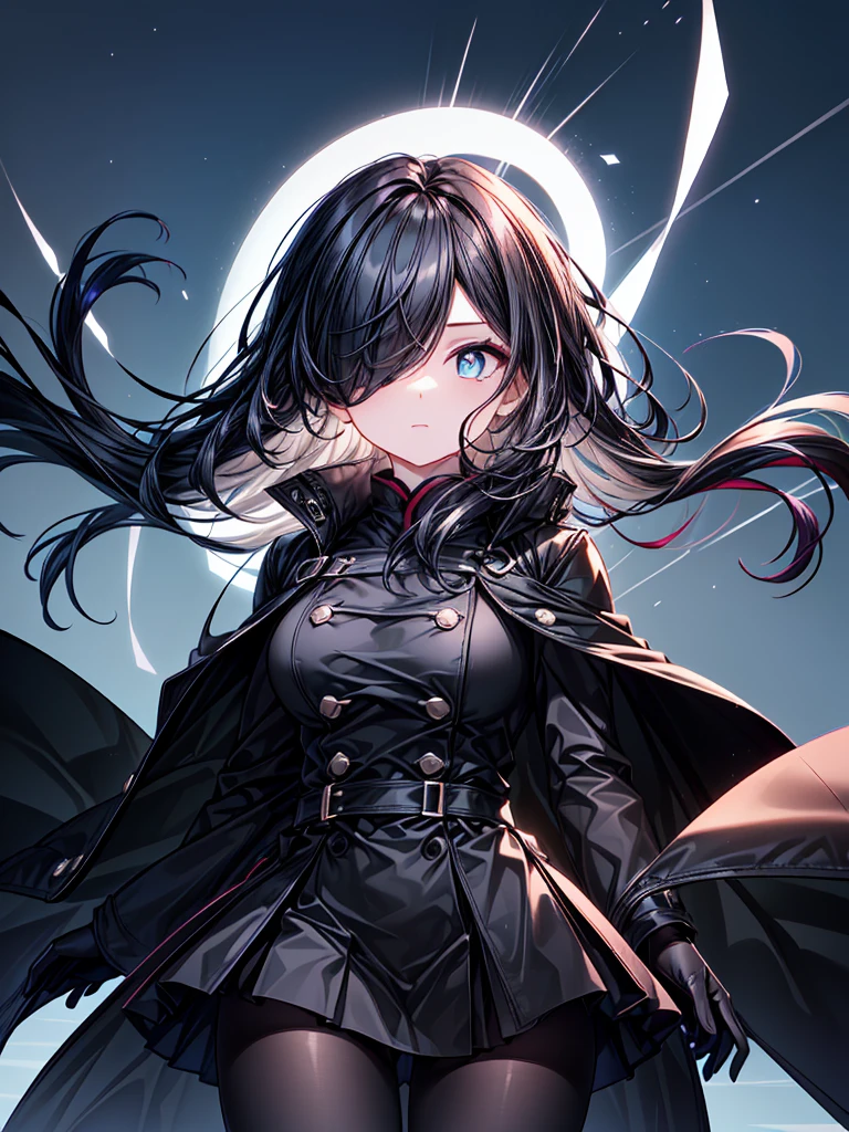 ((Oriental Project)),((masterpiece)),((Highest quality)),((Fascinating)),((alone)),((Deep blue pupils)),((Looking up at the night view from the top of the hill)),((Beautiful Blue Eyes)),((Wearing a black coat)),((Wearing a black mini skirt,She is wearing black tights under her skirt)),((Voluptuous body)),((length, Shiny black hair)),((Her left eye is completely hidden by her bangs)),((Her hair is parted, and you can see her eyes through it)),((Wearing black gloves)),((hair over one eye,long hair)),((Ruthless)),((Complex background)),((Hair blowing in the wind))