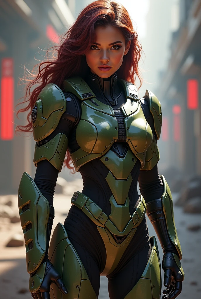 Female Halo Spartan Soldier, full body, sensual, wine-colored hair, shoulder length hair, wavy hair, slanted eyes, cachetona, brownish skin, dark colored eyes