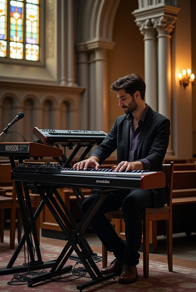Create a real photo of a musician in church. He's a keyboard player and he's got a Yamaha Montage 8, a Roland Gaia and a 76-key Korg M3.. On the keyboard stand the Yamaha Montage 8 is underneath, the Korg M3 is on top and the Roland Gaia is on the side.