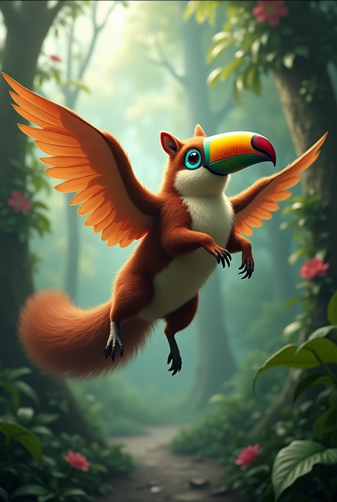 Can you create me a flying toucan with a squirrel's body and toucan wings?