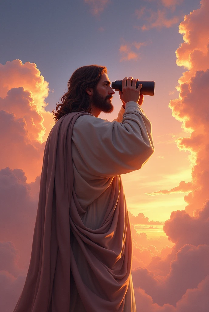 Beautiful Jesus Christ with binoculars with a very wonderful sky in the background