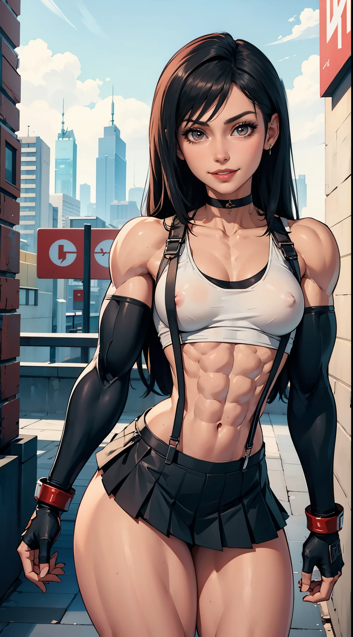 (muscular:1.8), (thick thighs:1.8),
tifa lockhart, (big smile:1.5), (long black hair), red eyes,
eyeshadow, red lips,
(small breasts:2),
(choker, tanktop, midriff, fingerless gloves:1.4), (suspenders:1.3), (black pleated skirt:1.5),
looking at viewer, (three quarter view:1.3), cropped knees, sexy pose,
(in the city), rim lighting, two tone lighting, dim lighting, bokeh, detailed skin, detailed eyes