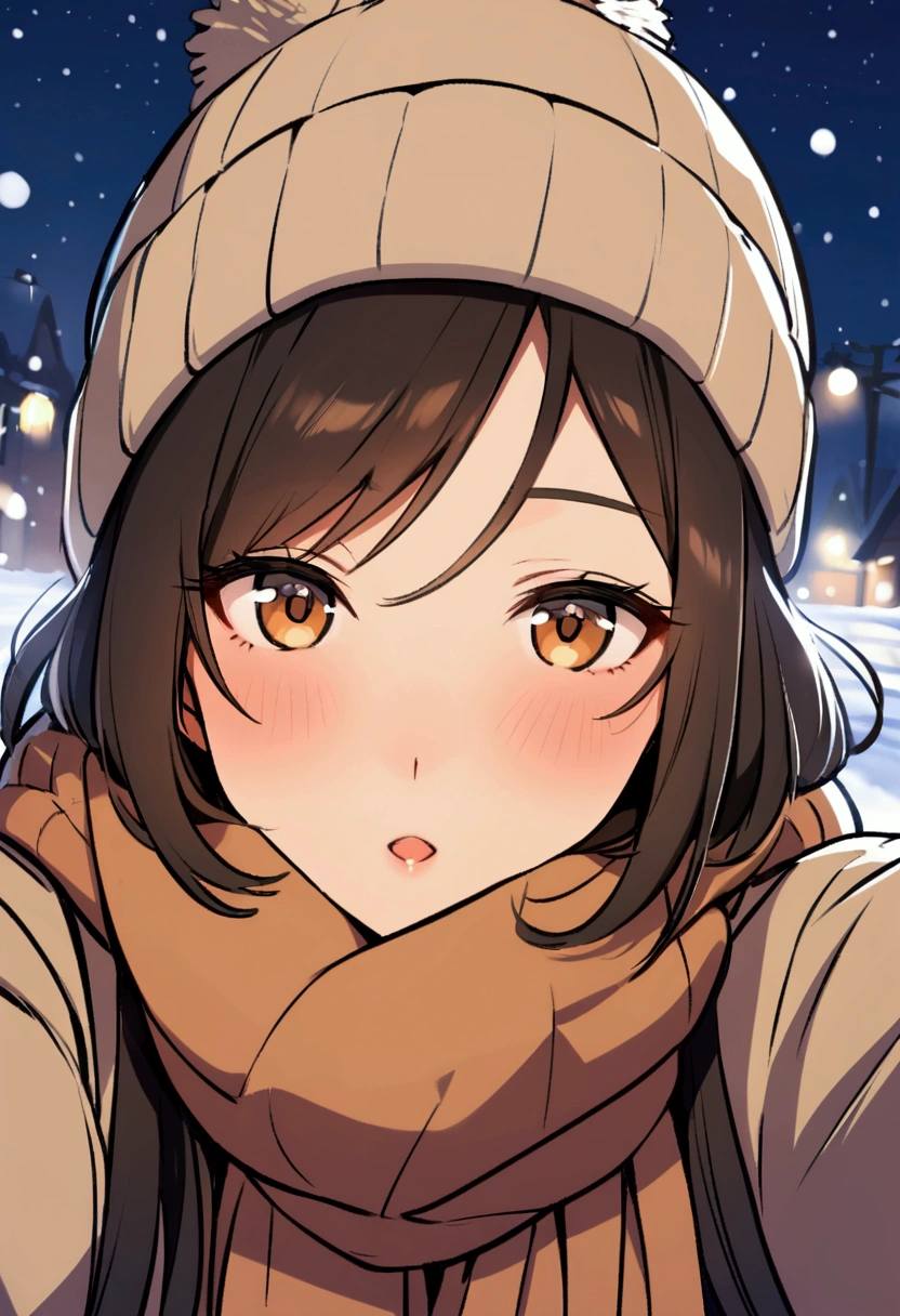 Selfie, night, snow, brown hair, scarf, beanie, selfie with a black hair male