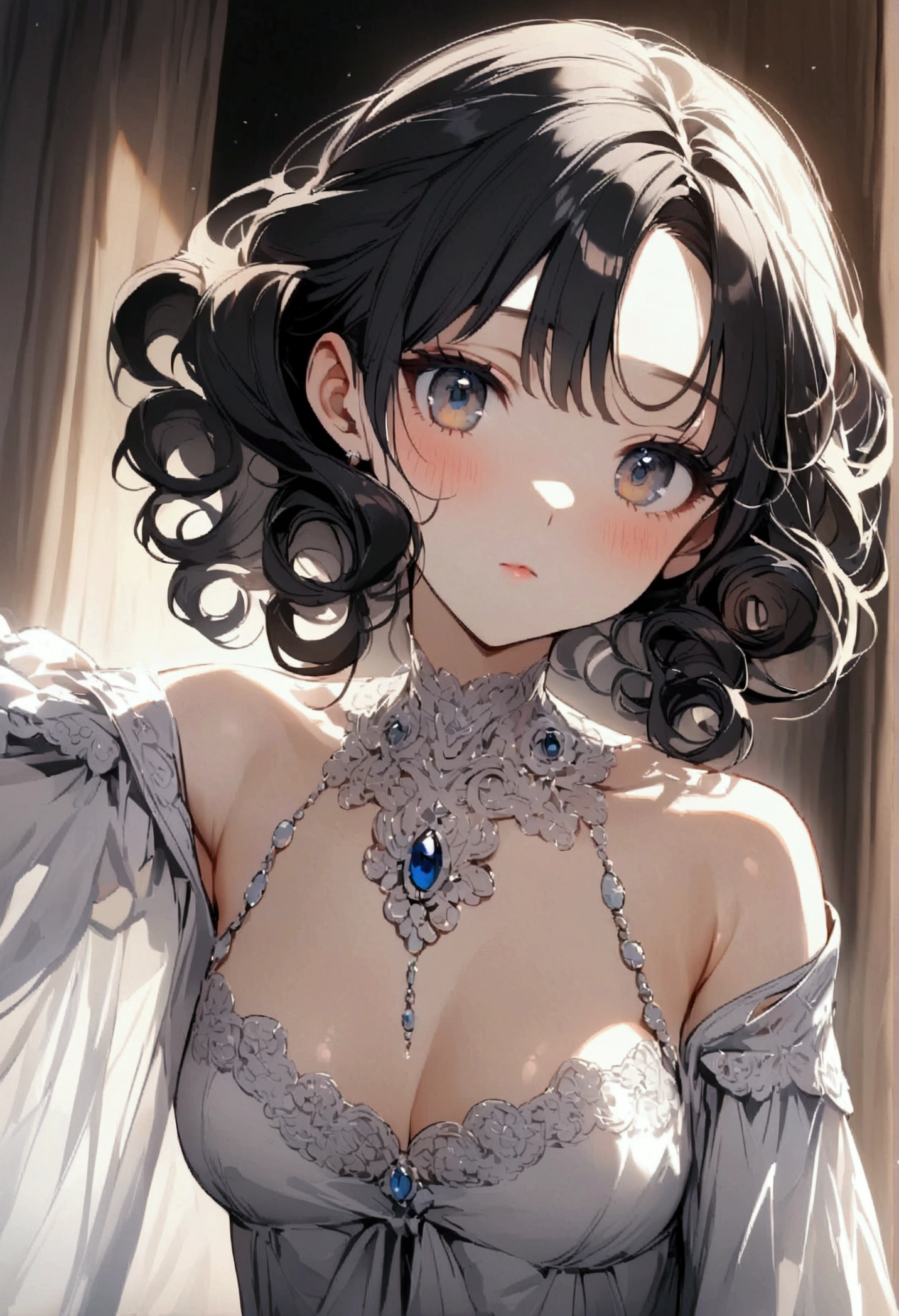 White skinned girl with short black hair to the neck and curly
