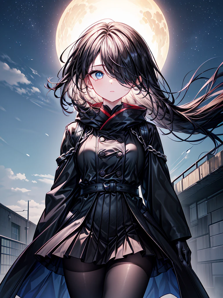 ((Oriental Project)),((masterpiece)),((Highest quality)),((Fascinating)),((alone)),((Deep blue pupils)),((Looking up at the night view from the top of the hill)),((Beautiful Blue Eyes)),((Wearing a black coat)),((Wearing a black mini skirt,She is wearing black tights under her skirt)),((Slim body)),((length, Shiny black hair)),((Her left eye is completely hidden by her bangs)),((Her hair is parted, and you can see her eyes through it)),((Wearing black gloves)),((hair over one eye,long hair)),((Ruthless)),((Complex background)),((Hair blowing in the wind))