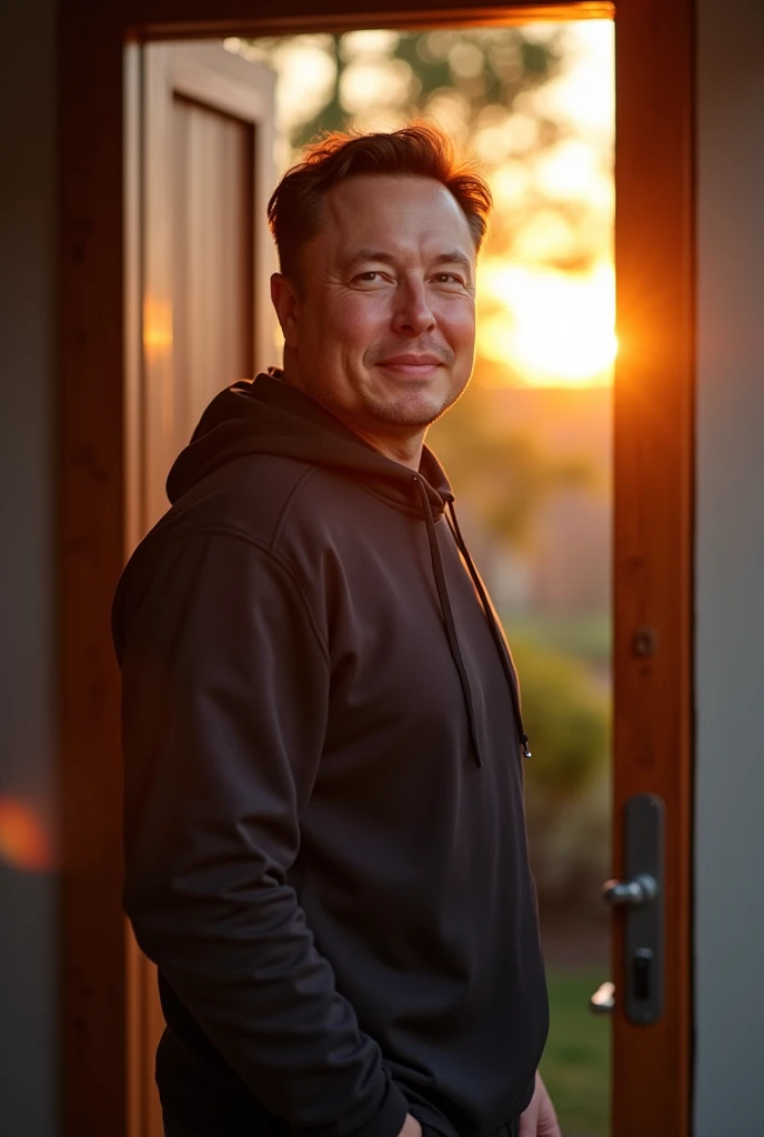 Elon Musk opening the door of his house early in the morning, with the first rays of the sun of the day falling on your face. He has a confident expression, inspired, creative and wearing sportswear.