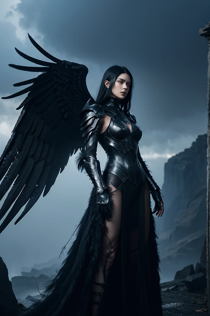 Create a digital art piece, male figure, large black angel wings made of feathers, dynamic and powerful. Male character with intricate futuristic-gothic armor, robust design. Female figure in foreground, long black hair, wearing semi-transparent ethereal gown, posture of awe. Background moody and atmospheric, hint of desolation or war-torn landscape