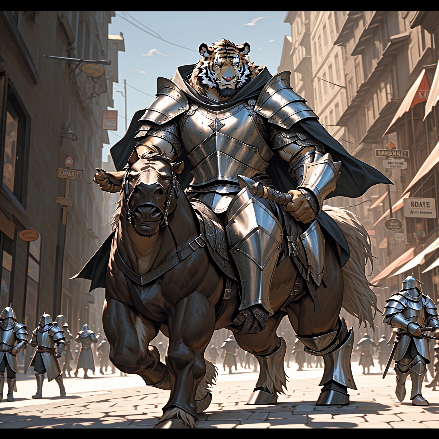 a medieval knight, a captain of the knights, riding a horse on a crowded city street, wearing heavy armor, holding a long sword, stern and majestic expression, (best quality,4K,8k,highres,masterpiece:1.2),ultra-detailed,(realistic,photorealistic,photo-realistic:1.37),highly detailed medieval knight, intricate armor, flowing cape, imposing presence, cobblestone street, large crowd of people, sunlight streaming down, cinematic lighting, rich colors, dramatic shadows, sense of scale and grandeur Tiger with a muscular body