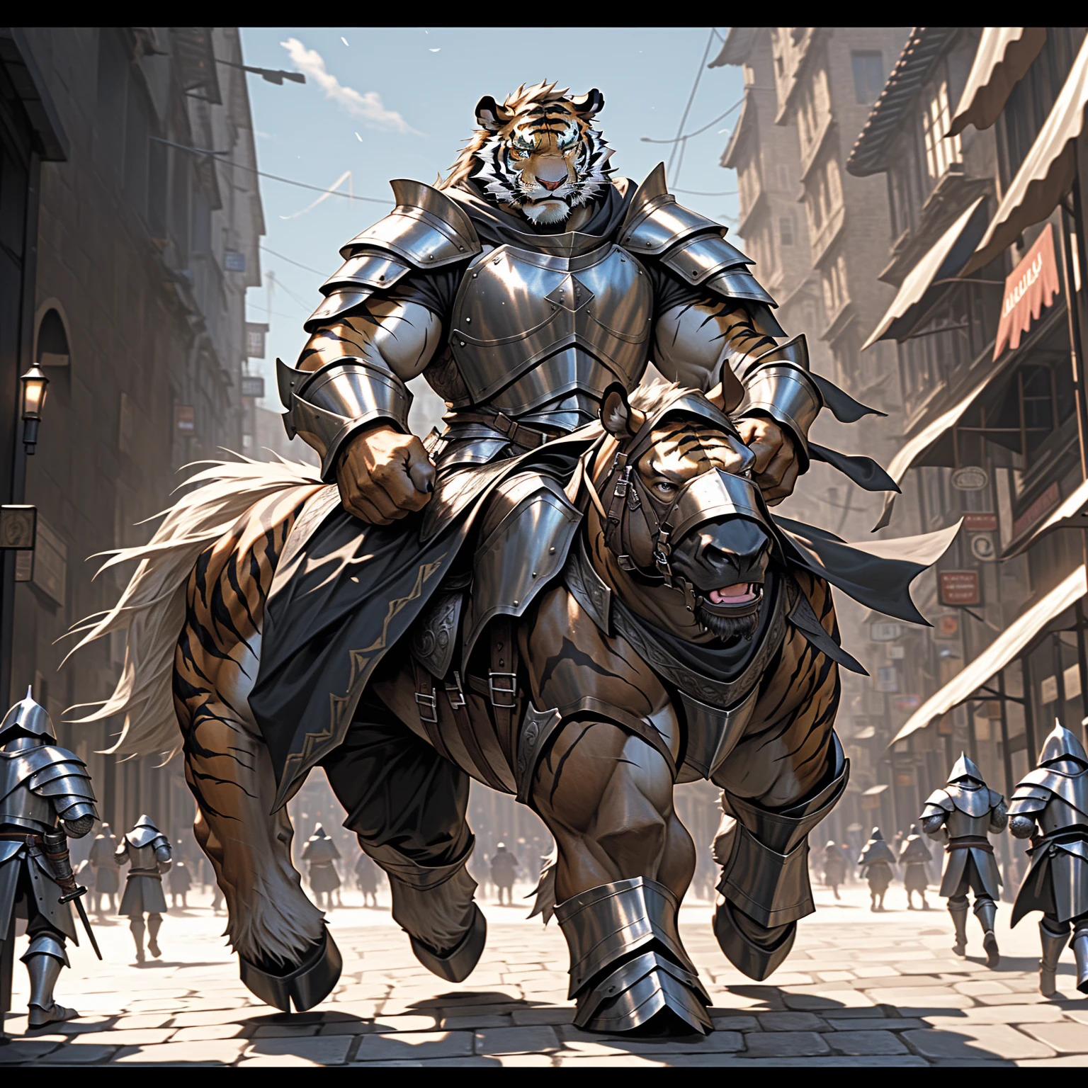 a medieval knight, a captain of the knights, riding a horse on a crowded city street, wearing heavy armor, holding a long sword, stern and majestic expression, (best quality,4K,8k,highres,masterpiece:1.2),ultra-detailed,(realistic,photorealistic,photo-realistic:1.37),highly detailed medieval knight, intricate armor, flowing cape, imposing presence, cobblestone street, large crowd of people, sunlight streaming down, cinematic lighting, rich colors, dramatic shadows, sense of scale and grandeur Tiger with a muscular body