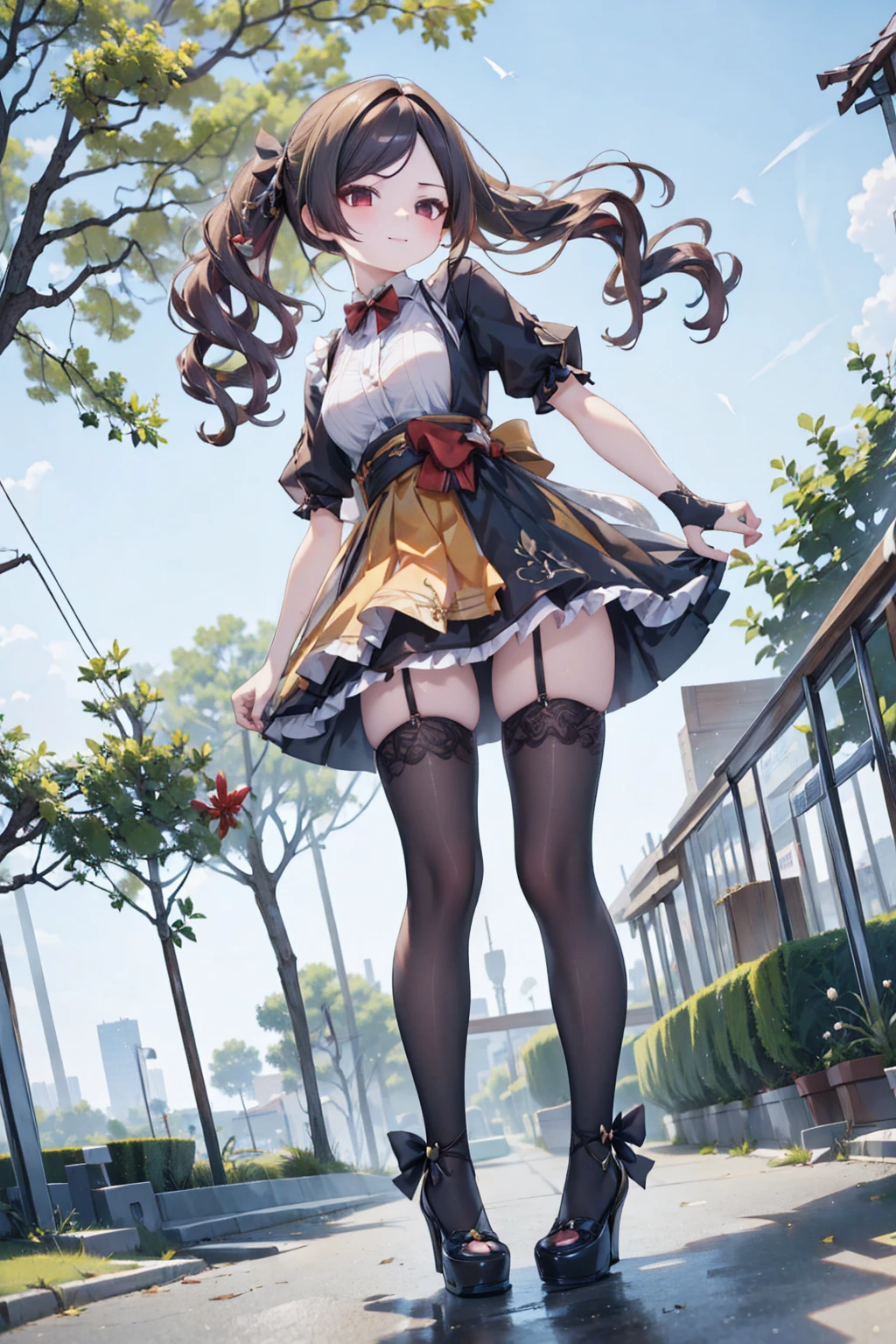 low-angle shot, smile, look at viewer, long skirt, holding down her skirt as it is being blown by a strong wind, high quality, masterpiece, ultra-fine illustrations, detailed background, realistic lighting, dynamic pose
