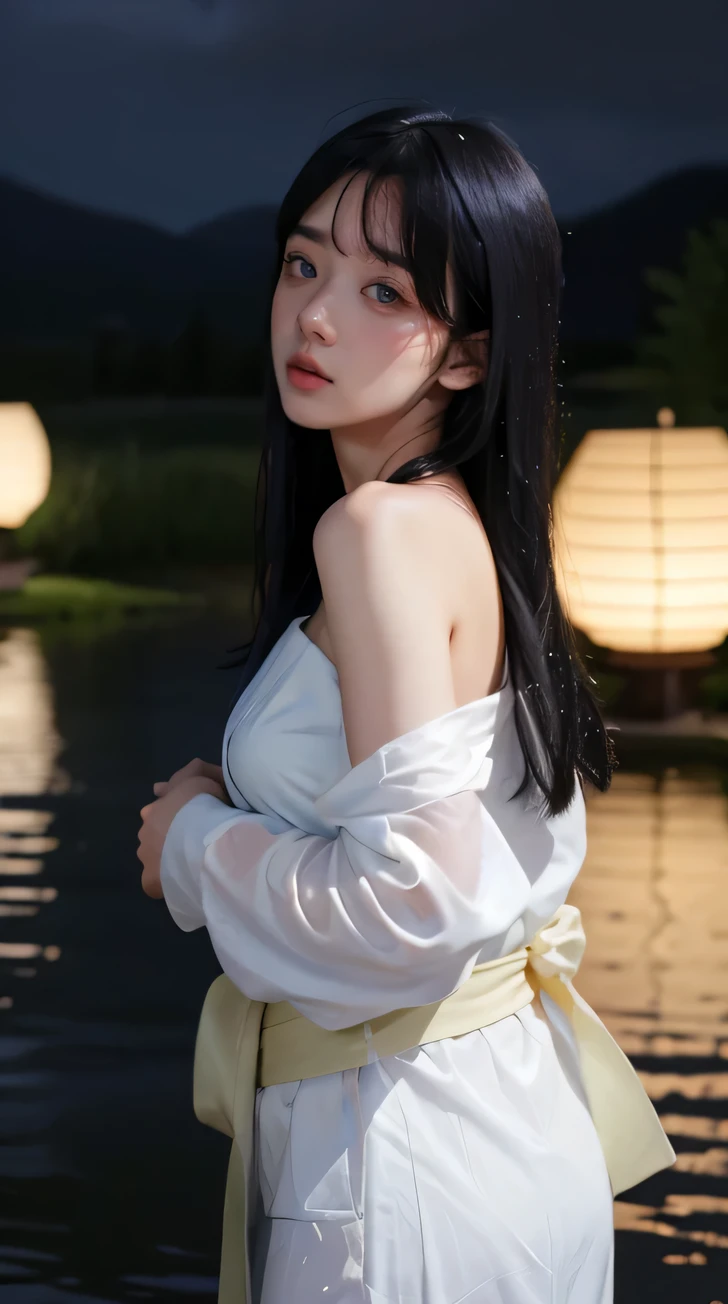 1girl, breasts, moon, lantern, night, solo, medium breasts, hair ornament, wet, kimono, japanese clothes, wading, water, hair flower, flower, outdoors, sky, full moon, rain, black hair, off shoulder, mountain, cloud, holding, sash, bare shoulders, paper lantern, standing, white kimono, night sky, sideboob, obi, wet clothes, bangs, tree, from side, reflection, short hair, cloudy sky, wet hair   {{(masterpiece),(extremely detailed CG unity 8k wallpaper),best quality,,solo,1girl,cinematic lighting,detailed background,beautiful detailed eyes,bright pupils, (an extremely delicate and beautiful),(Beautiful and detailed eye description)，  ultra-detailed,masterpiece,}}, 