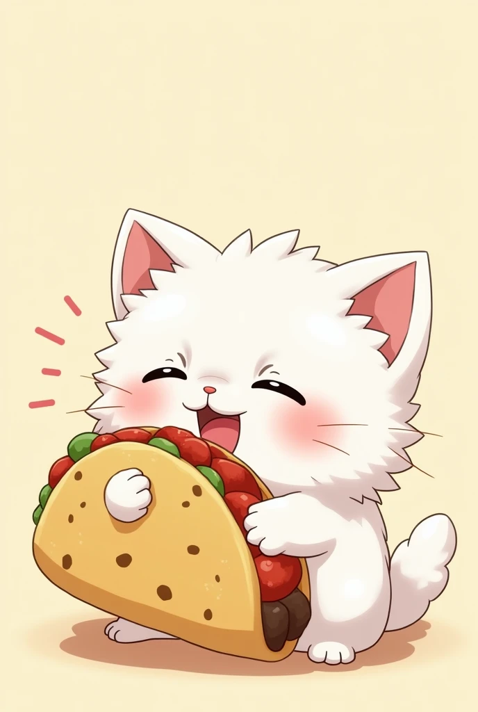 white kitty eating an anime style taco in the shape of a logo