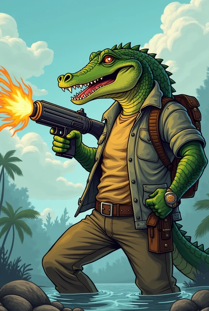 Cartoon of a man with a crocodile head holding a fish shooting gun